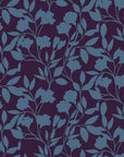 Deep plum wallpaper overlaid with blue shadowed vines and flowers (Twilight Bloom)