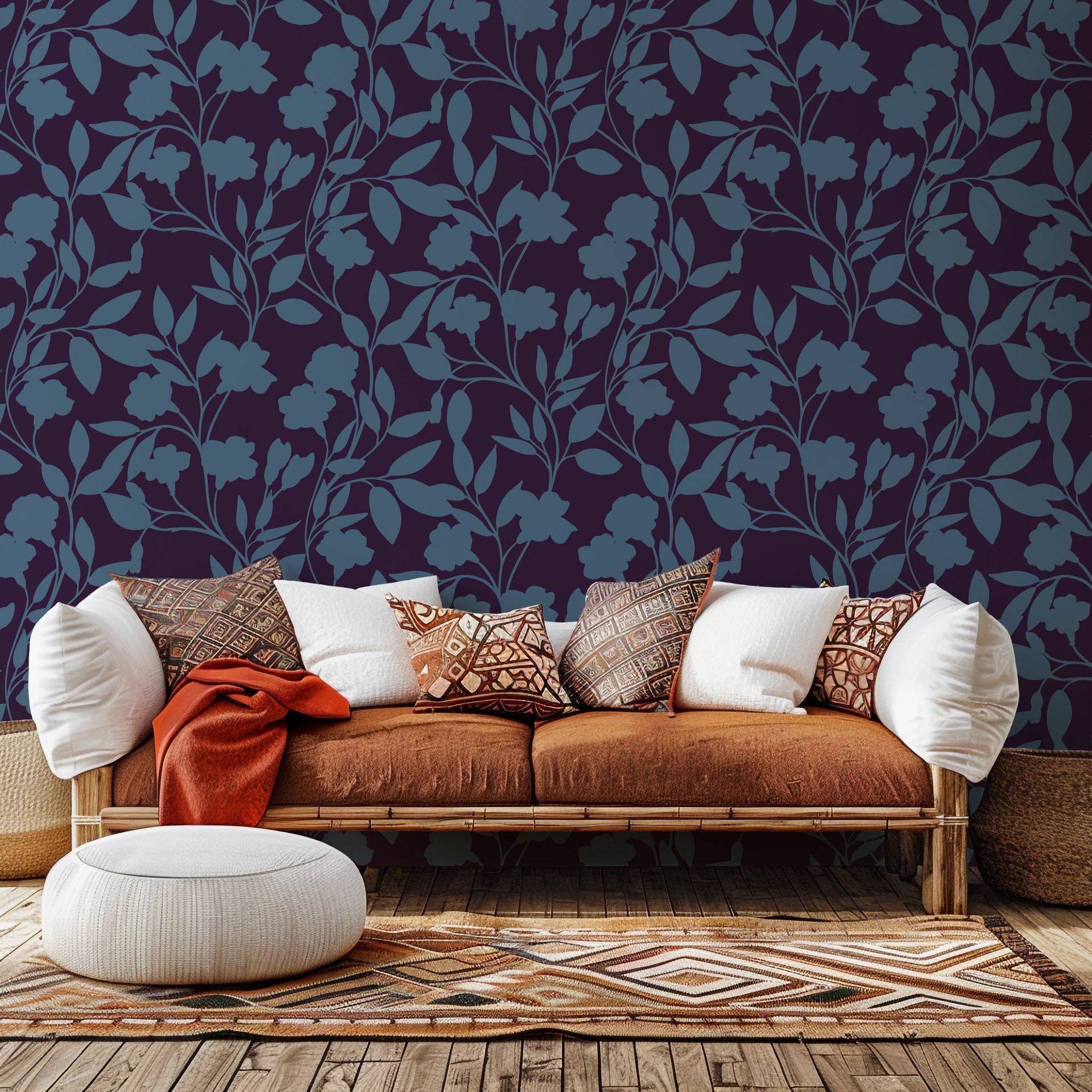 A deep violet wall covering adorned with a winding blue flower silhouette design, style name Twilight Bloom