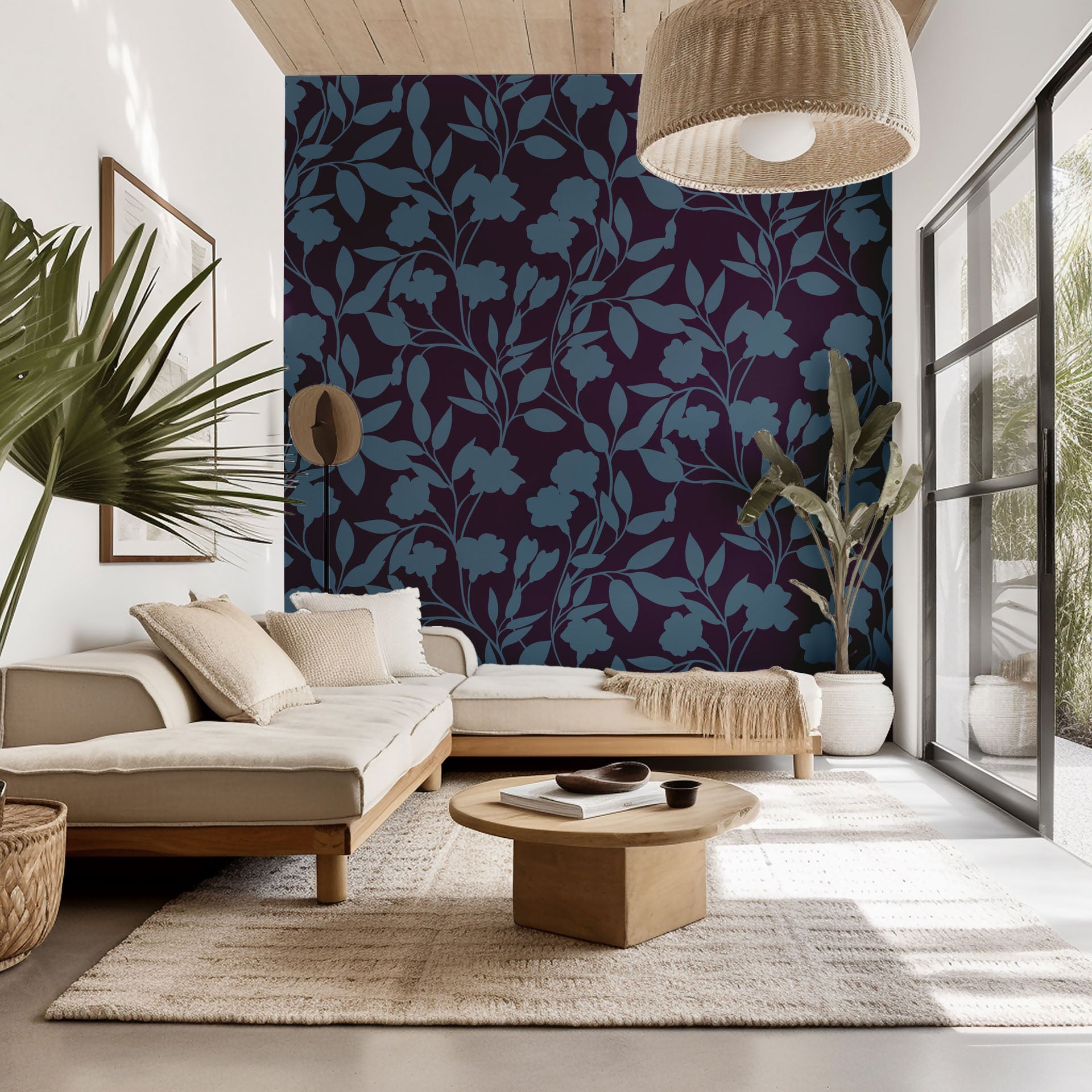 Deep violet wallpaper adorned with a shadowy blue floral vine motif