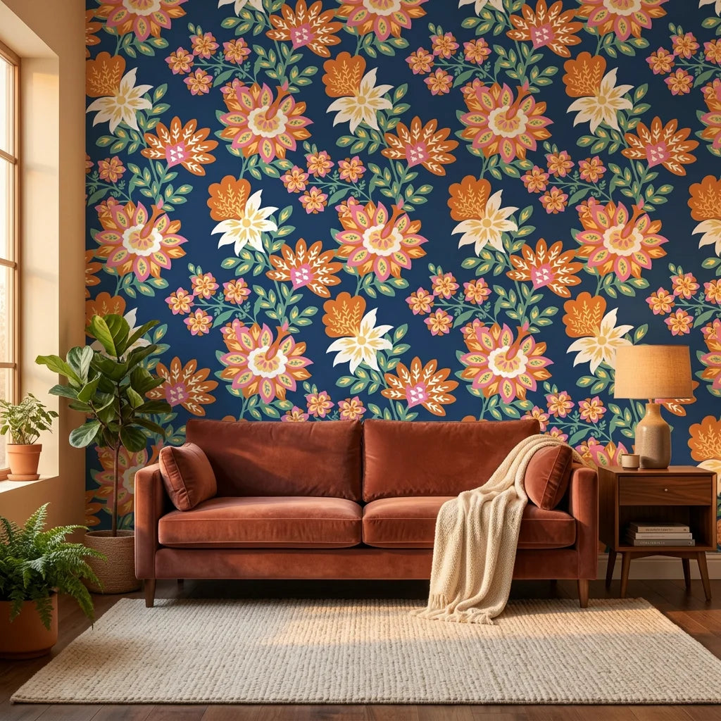Smooth navy jewel-toned floral botanical peel and stick wallpaper - Twilight Frond