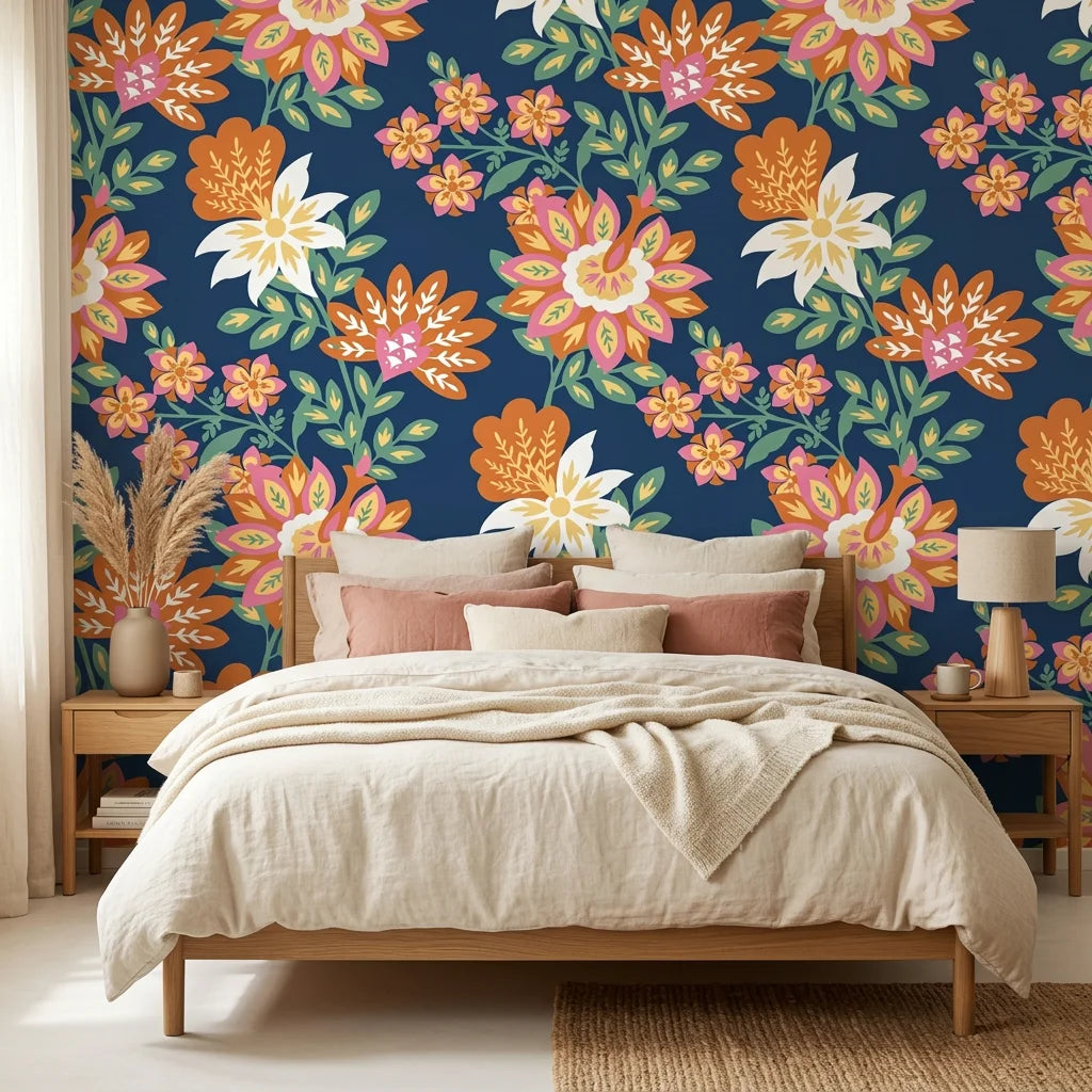 Smooth navy jewel-toned floral botanical peel and stick wallpaper - Twilight Frond in a warm living room
