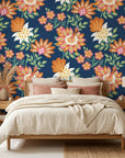 Smooth navy jewel-toned floral botanical peel and stick wallpaper - Twilight Frond in a warm living room
