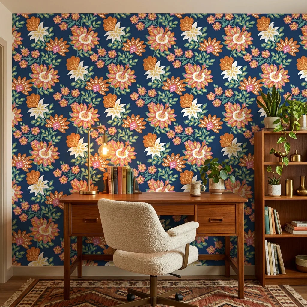 Smooth navy jewel-toned floral botanical peel and stick wallpaper - Twilight Frond adding character to a bedroom