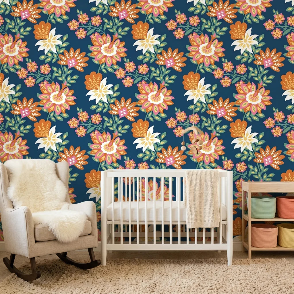 Smooth navy jewel-toned floral botanical peel and stick wallpaper - Twilight Frond as a feature wall in an office