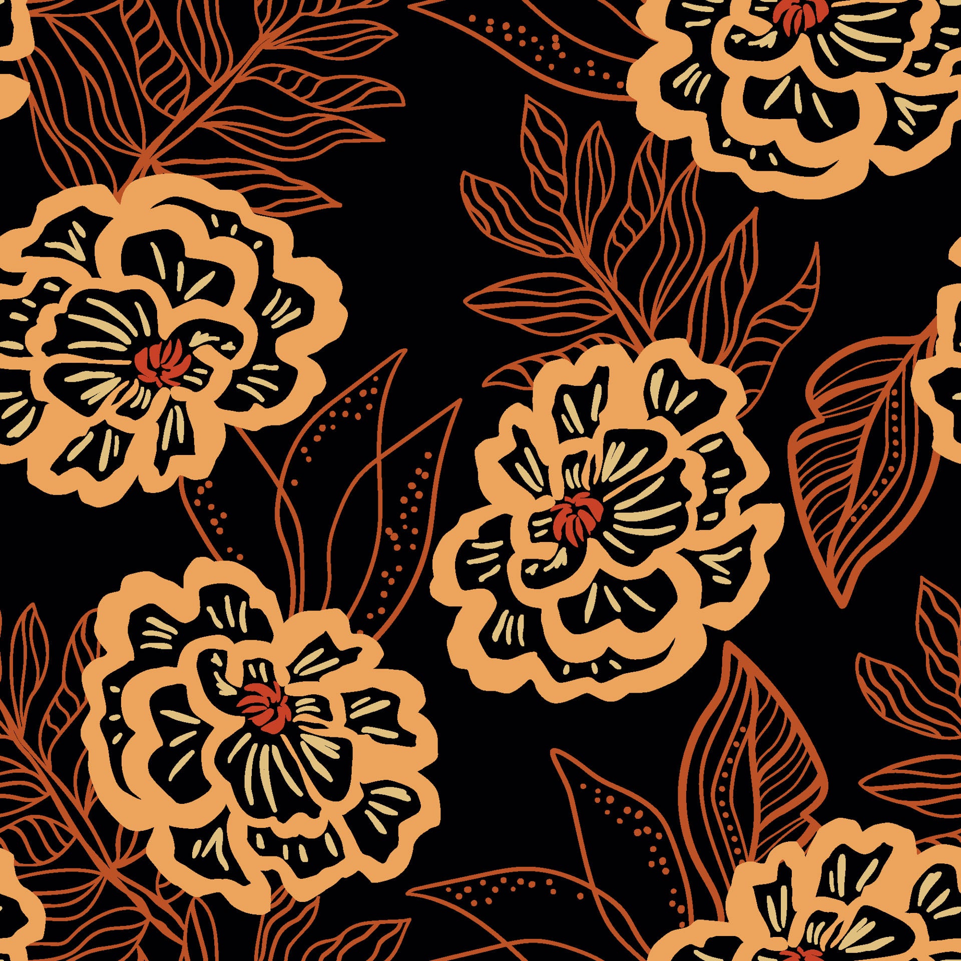 Self-adhesive wall covering featuring an outline design of black and orange flowers, part of the Twilight Garden collection.