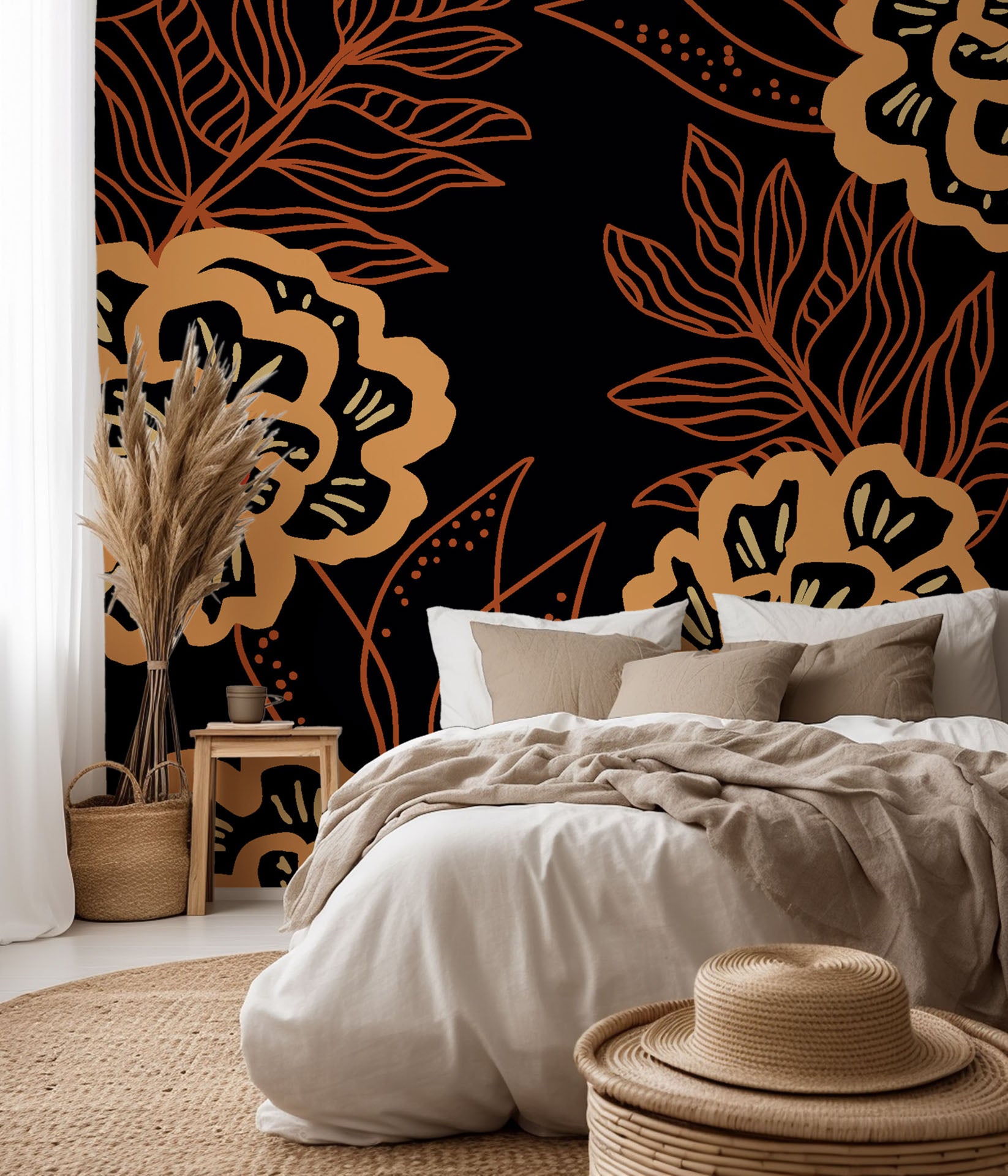 Black and orange peel-and-stick wallpaper featuring a floral outline pattern, titled Twilight Garden