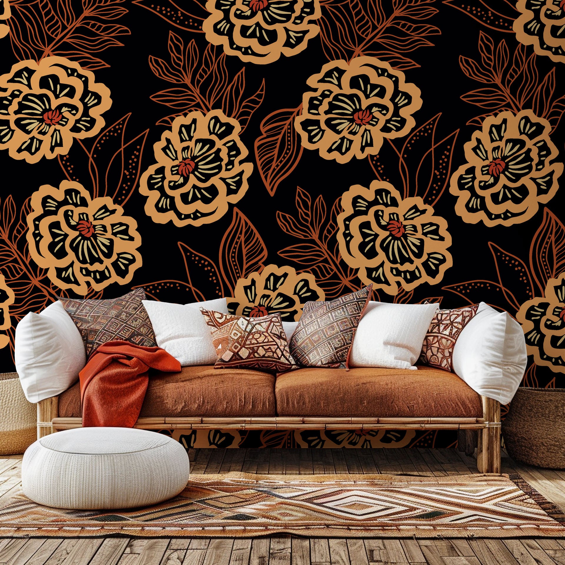 Self-adhesive wallpaper featuring an orange and black outlined floral design (Twilight Garden)