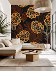 Self-adhesive, removable wallpaper featuring an orange and black outlined floral pattern, style: Twilight Garden