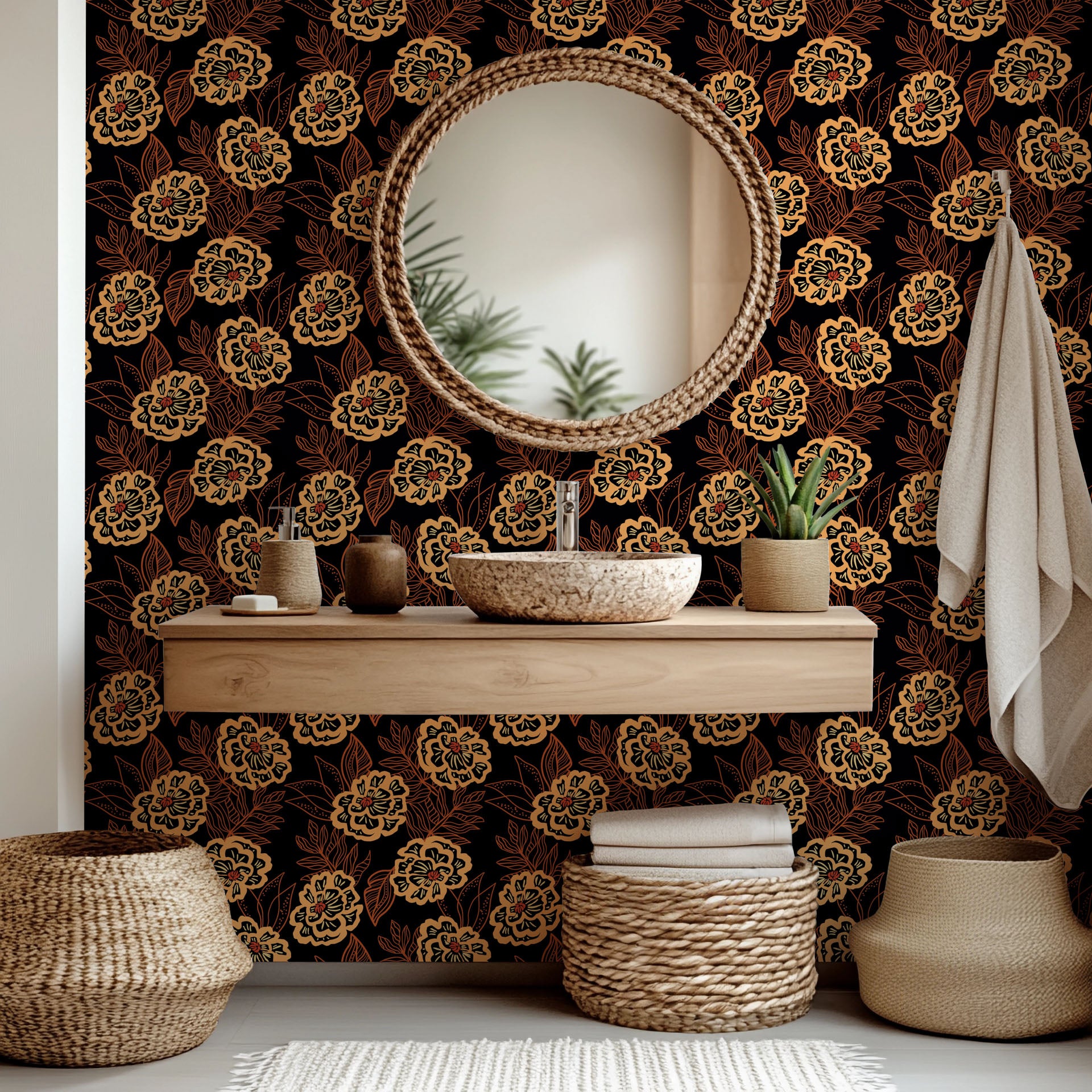 Self-adhesive wallpaper featuring an orange and black outlined floral pattern, known as "Twilight Garden"