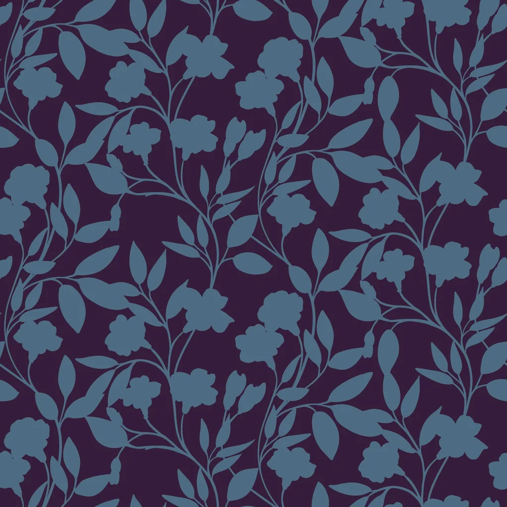Deep plum wallpaper overlaid with blue shadowed vines and flowers (Twilight Bloom)
