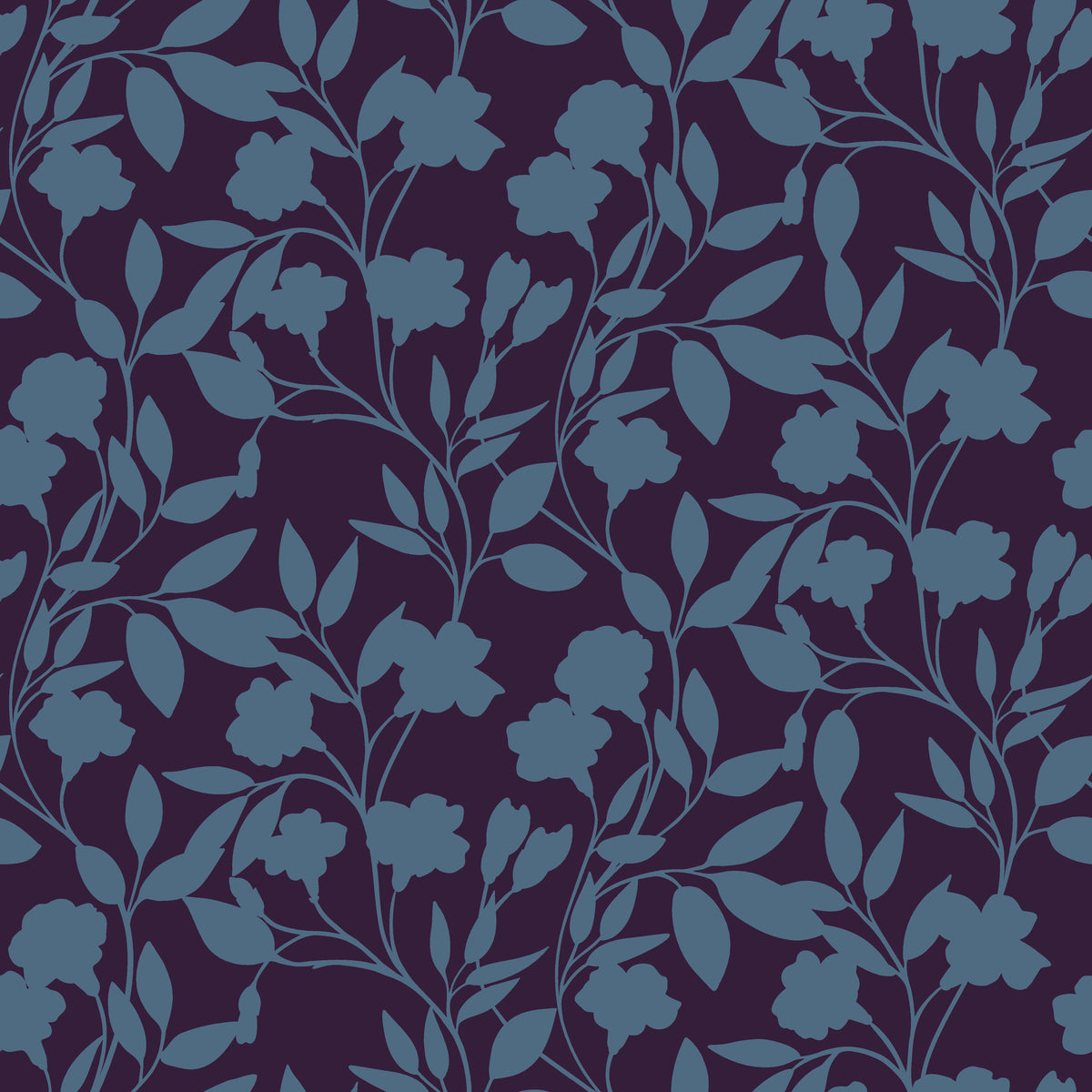 Deep plum wallpaper overlaid with blue shadowed vines and flowers (Twilight Bloom)