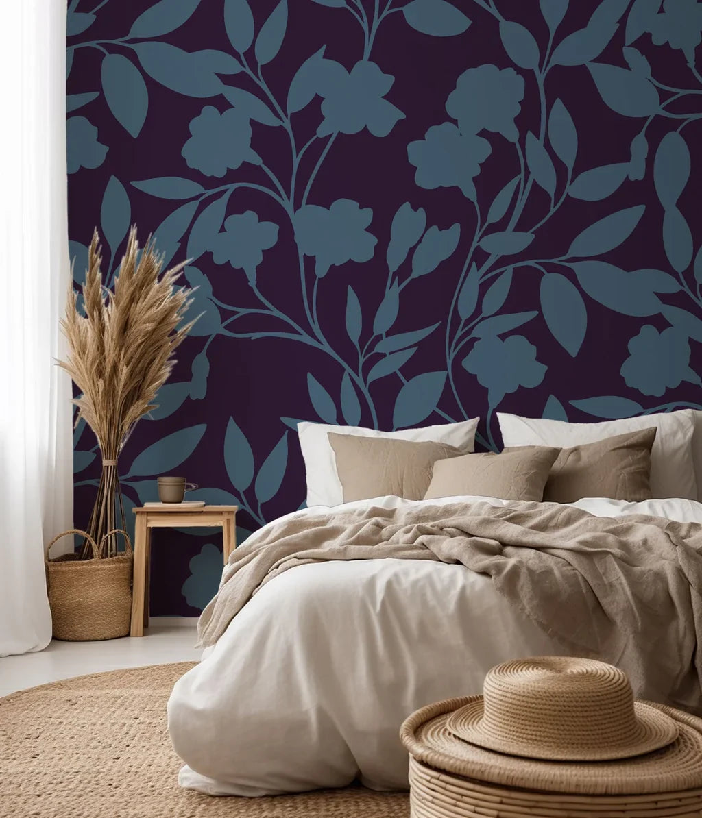 A deep violet wall covering adorned with a winding blue flower silhouette design