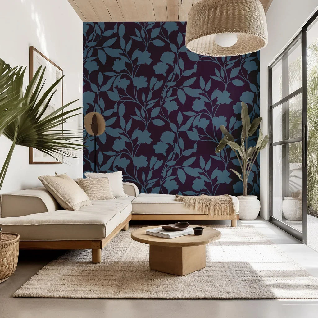 Deep violet wallpaper adorned with a shadowy blue floral vine motif