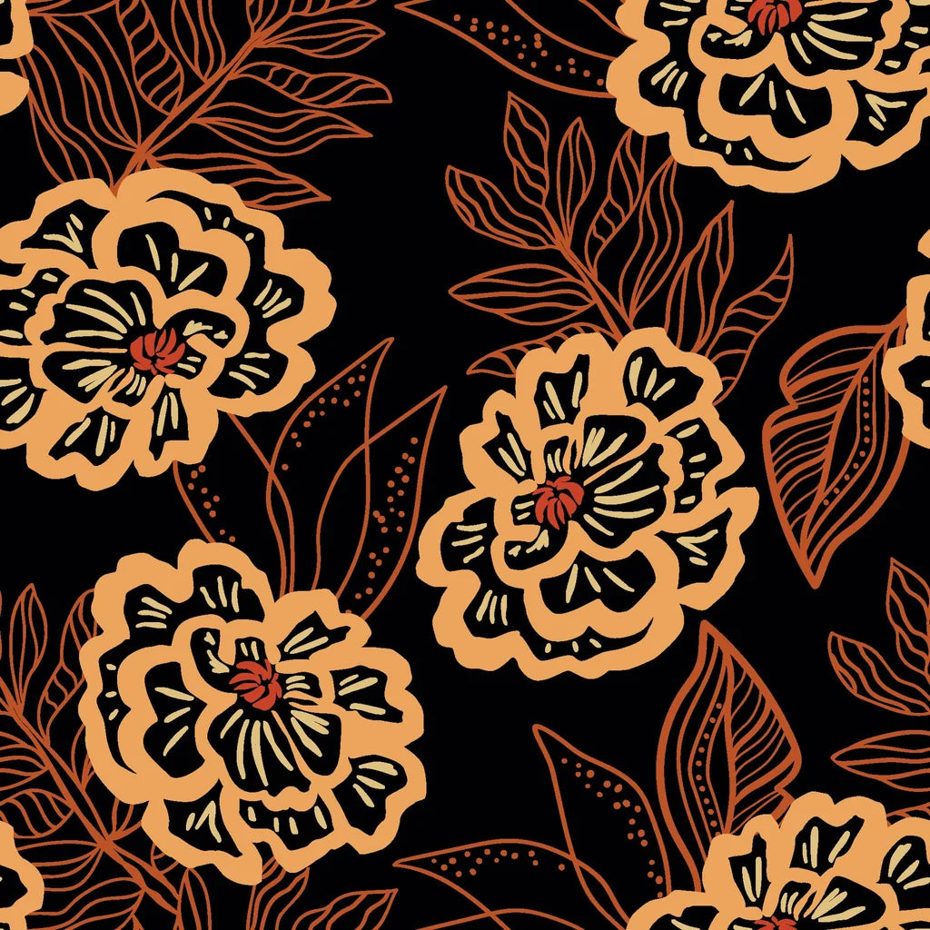 Self-adhesive wall covering featuring an outline design of black and orange flowers, part of the Twilight Garden collection.
