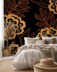 Black and orange peel-and-stick wallpaper featuring a floral outline pattern, titled Twilight Garden