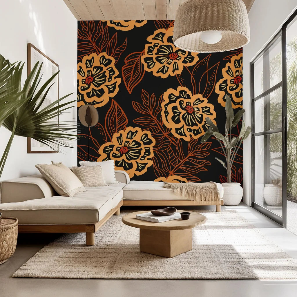 Self-adhesive, removable wallpaper featuring an orange and black outlined floral pattern, style: Twilight Garden