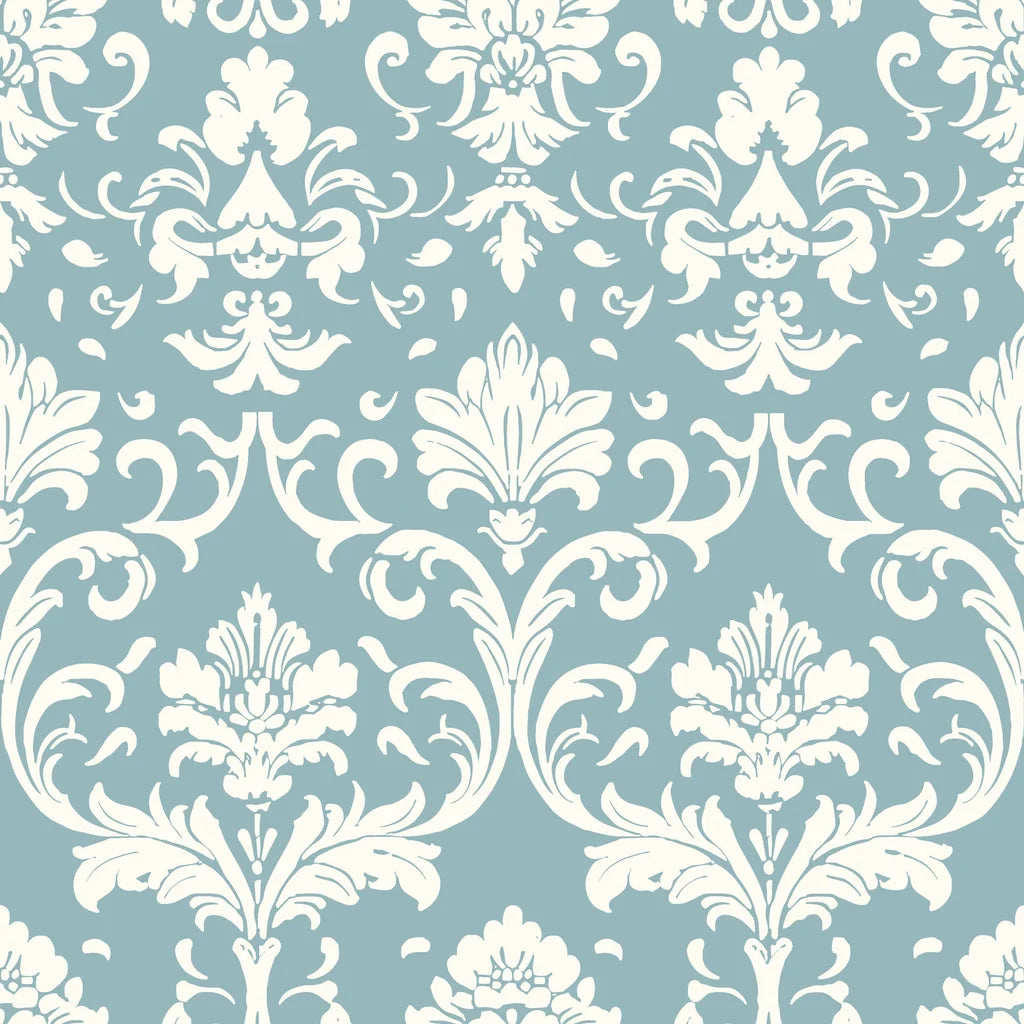 Elegant damask Twilight Garden Veil wallpaper in soft blue and cream featuring ornate baroque scrollwork pattern