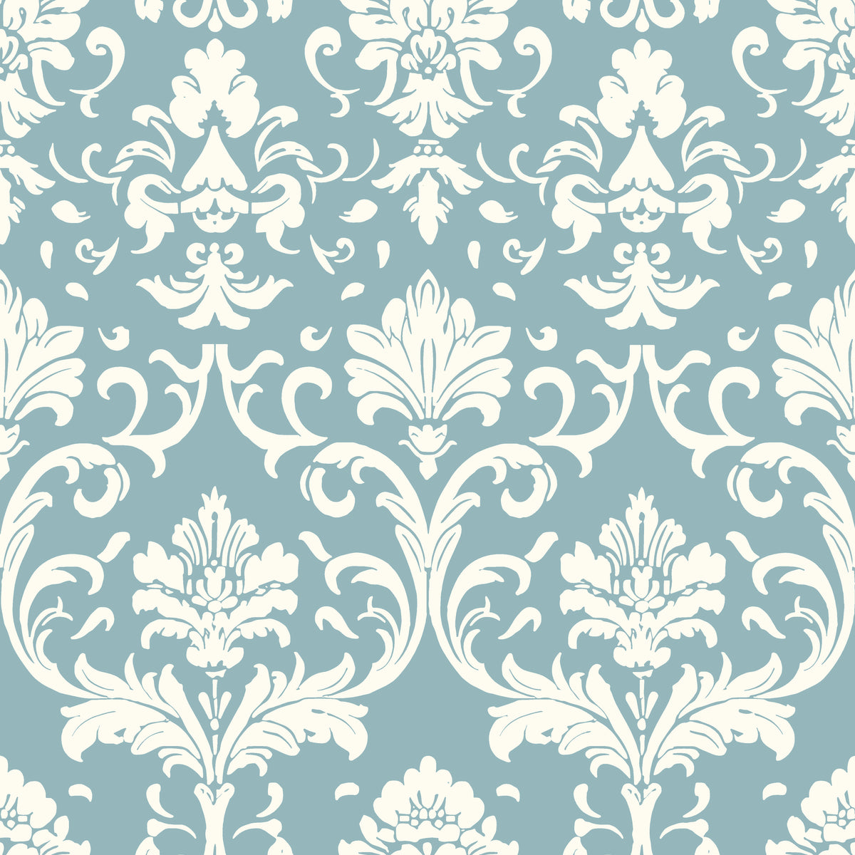 Elegant damask Twilight Garden Veil wallpaper in soft blue and cream featuring ornate baroque scrollwork pattern