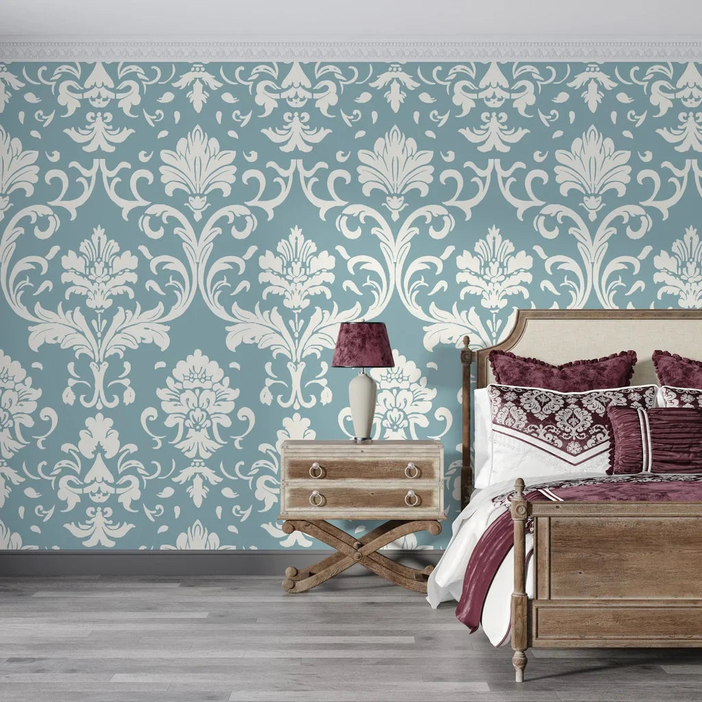 Teal and cream damask Twilight Garden Veil wallpaper in elegant bedroom with rustic wood furniture