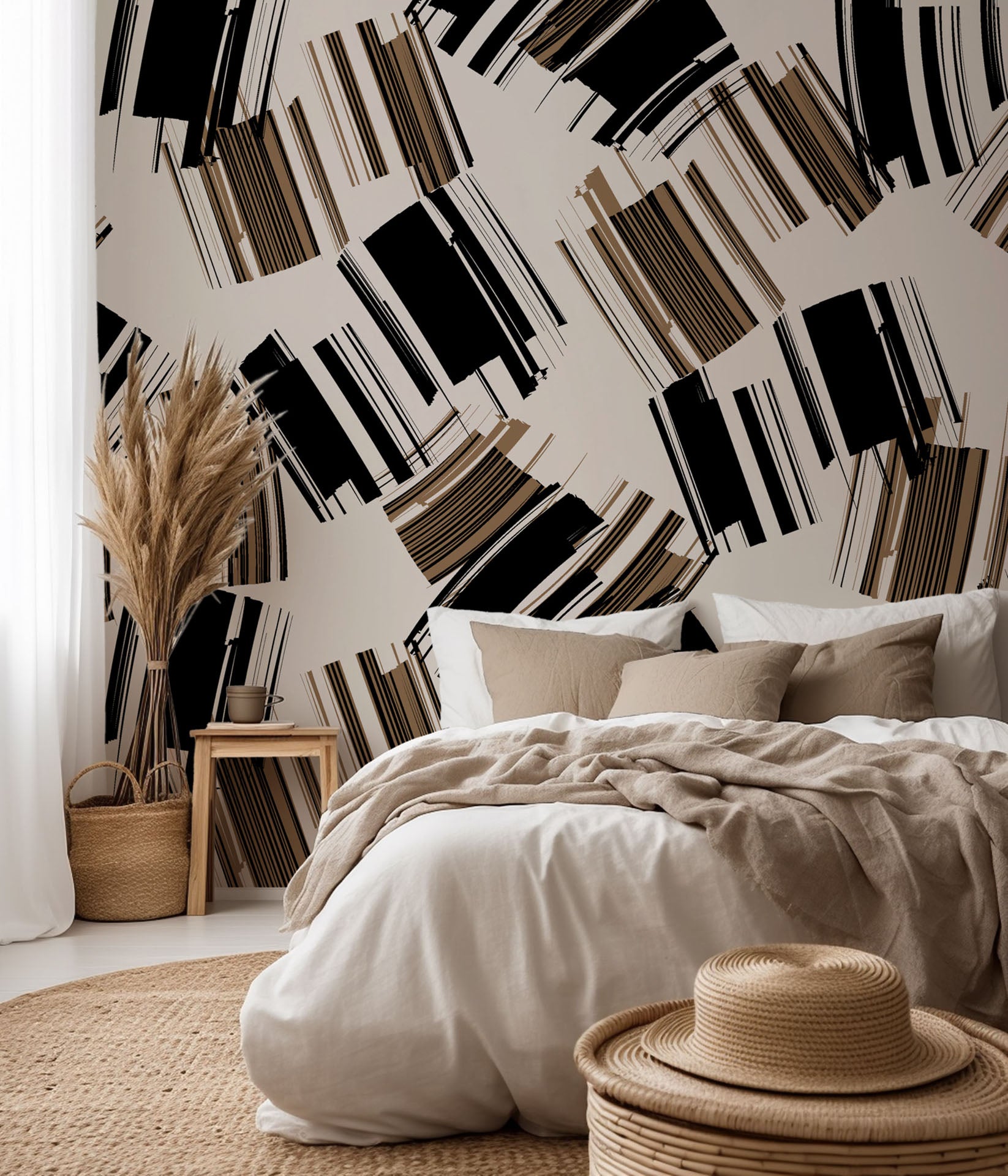 Self-adhesive removable wallpaper featuring an abstract geometric design in beige and black brushstrokes. Style: Urban Drift