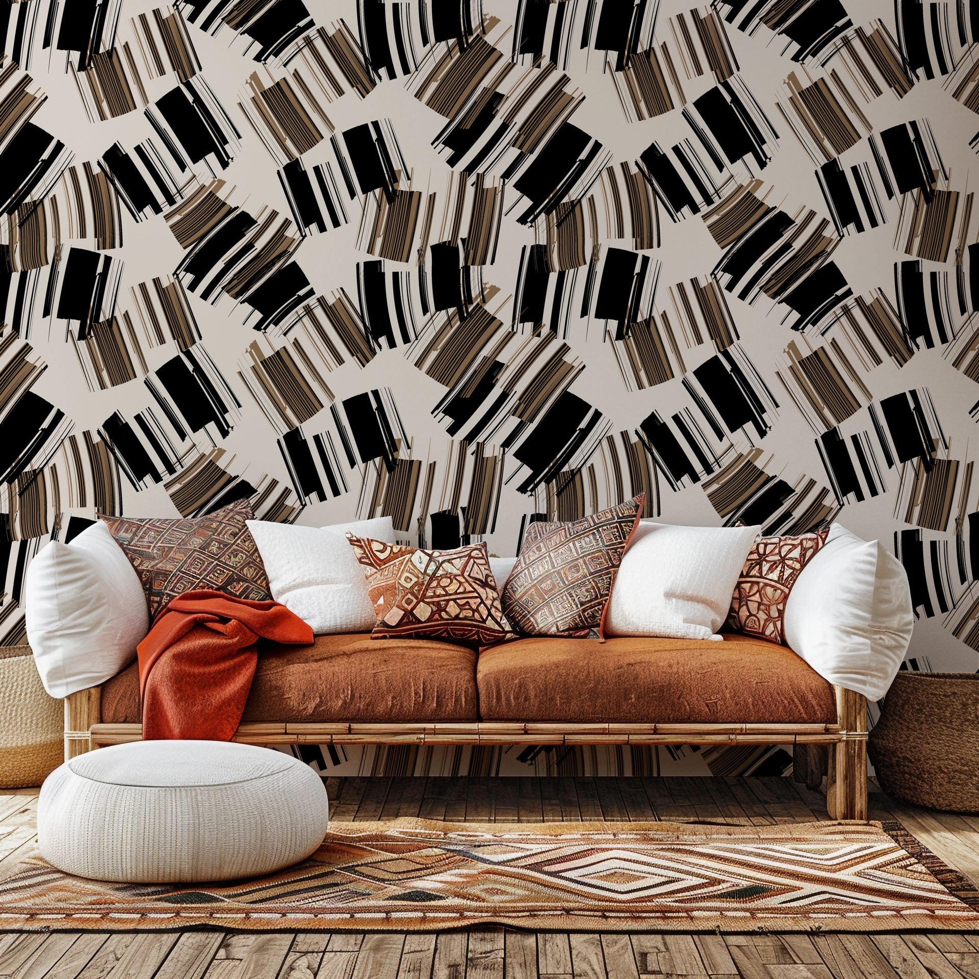 Black and beige abstract brushstroke pattern on peel-and-stick wallcovering