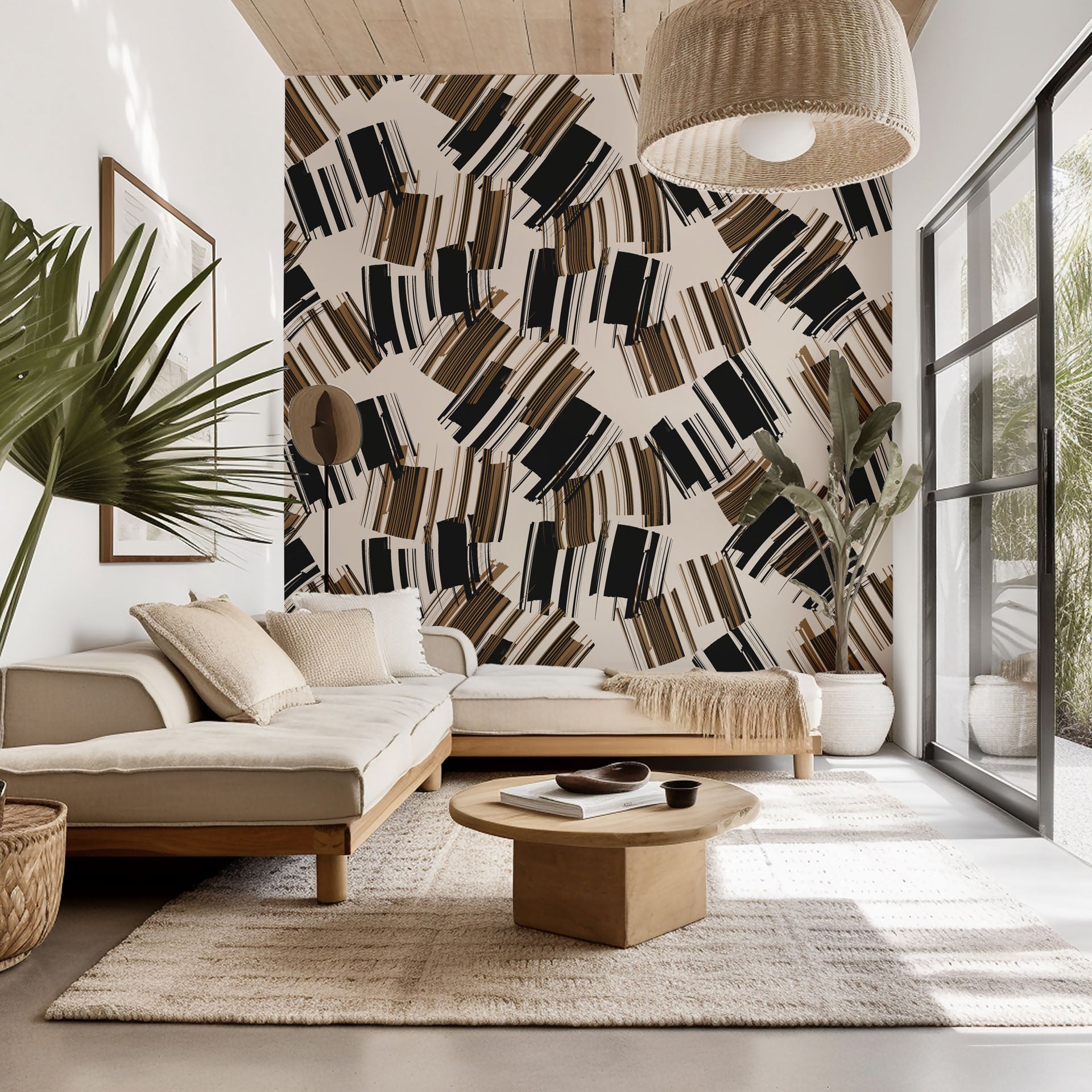 Abstract geometric peel and stick wallpaper in beige and black, featuring brushstrokes - Urban Drift