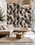 Abstract geometric peel and stick wallpaper in beige and black, featuring brushstrokes - Urban Drift