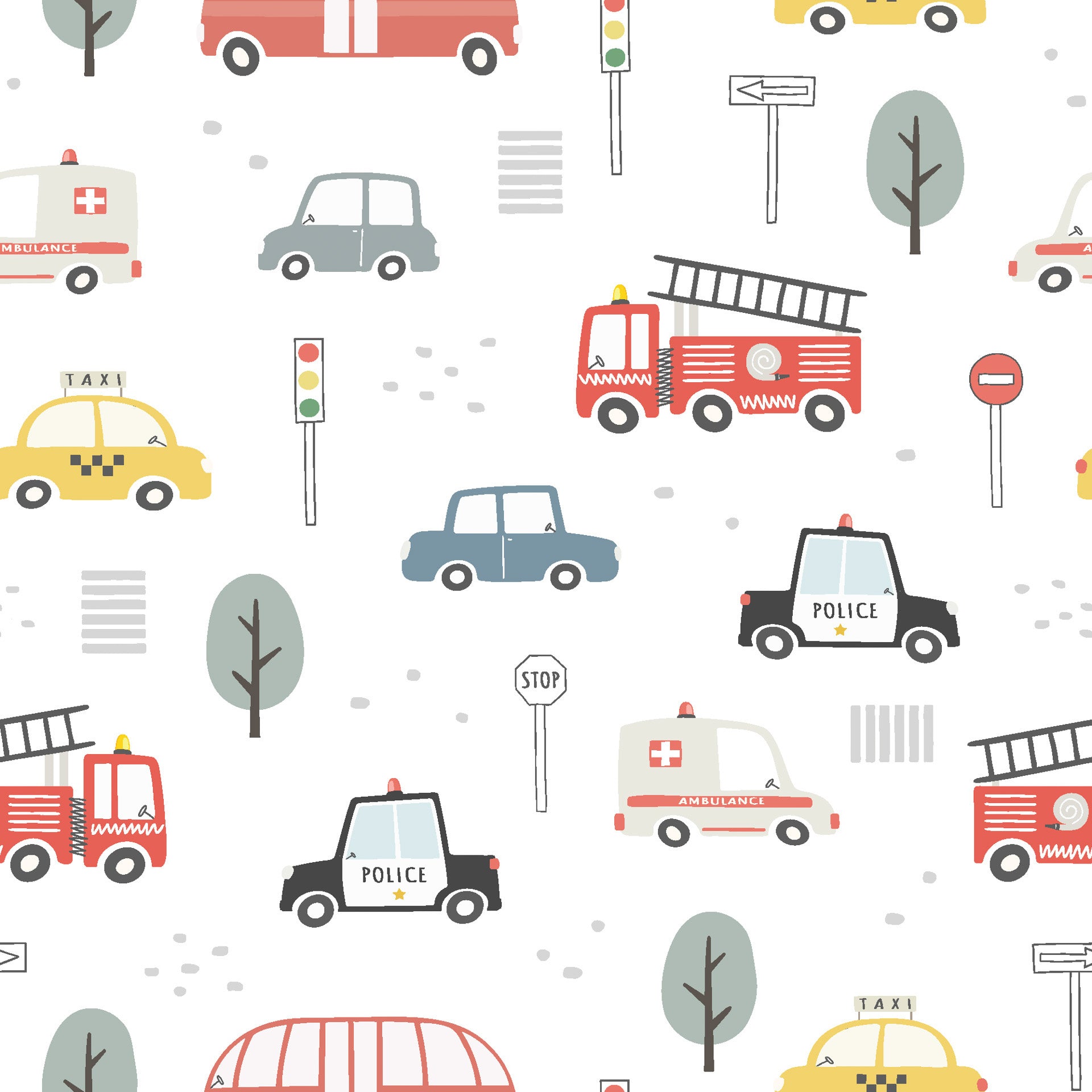 Wallpaper in white, packed with imagery of city emergency cars and navigation icons