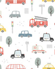 Wallpaper in white, packed with imagery of city emergency cars and navigation icons