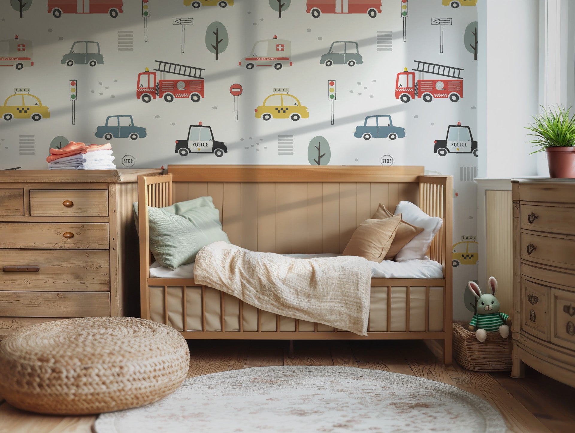 A dense pattern of traffic icons and city emergency vehicles printed on a white wall covering