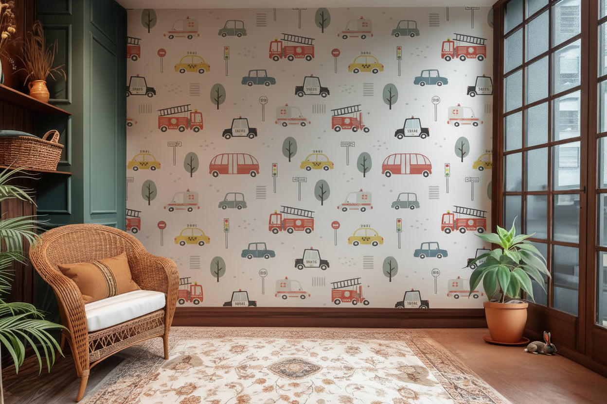 Busy white decorative paper showing metropolitan rescue vehicles and standard traffic pictograms.