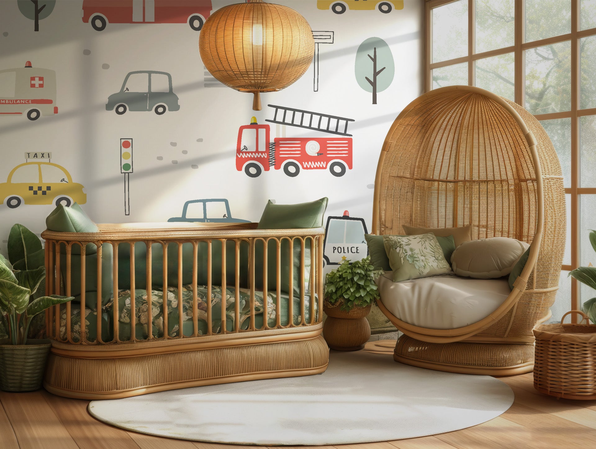 Emergency vehicles and traffic movement symbols decorate this vibrant white wallpaper