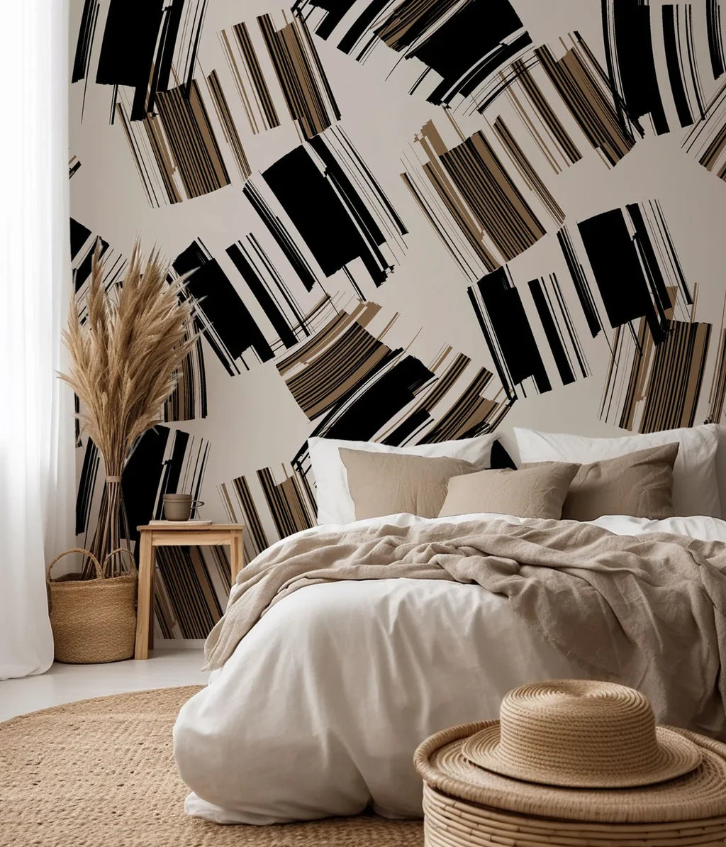 Self-adhesive removable wallpaper featuring an abstract geometric design in beige and black brushstrokes. Style: Urban Drift
