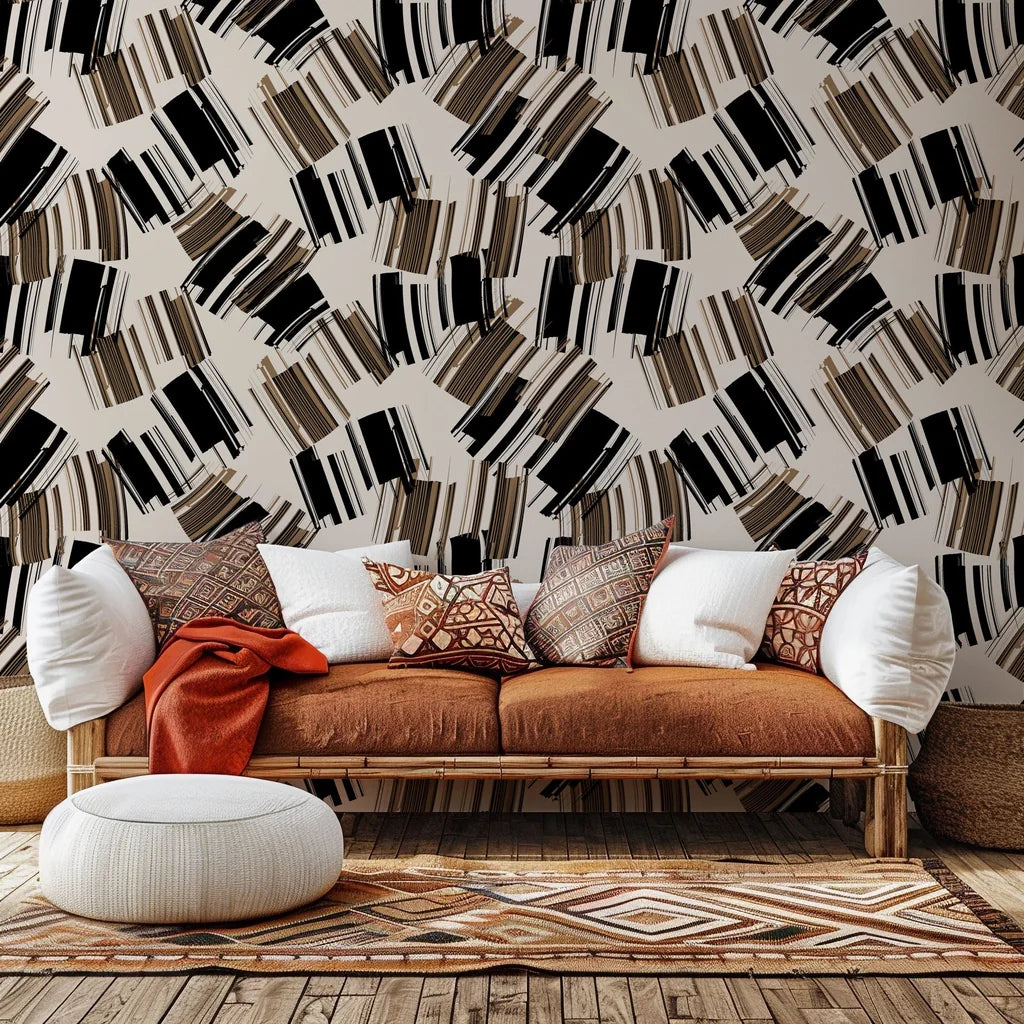 Black and beige abstract brushstroke pattern on peel-and-stick wallcovering