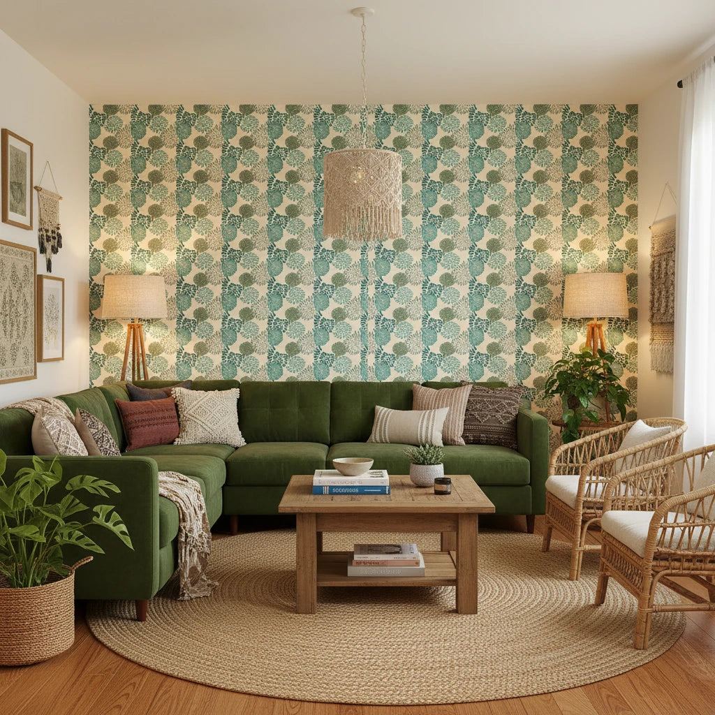 Urchin Tide coastal teal and sage shell wallpaper in a warm and inviting living room