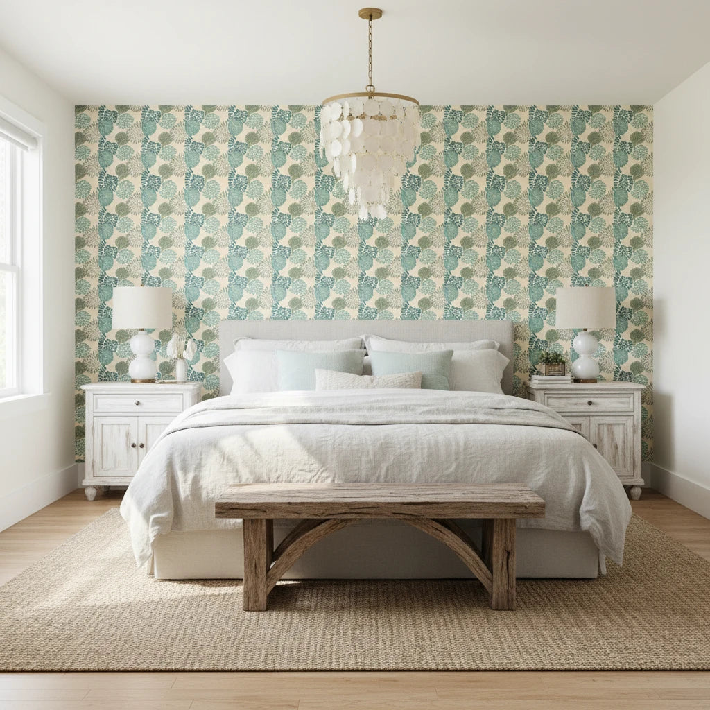 Urchin Tide coastal teal and sage shell wallpaper adding character to a cozy bedroom
