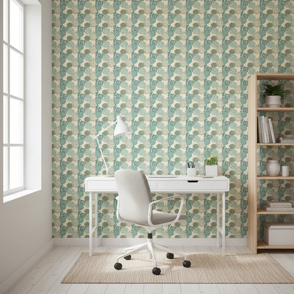 Urchin Tide coastal teal and sage shell wallpaper as a feature wall in a bright home office