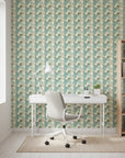 Urchin Tide coastal teal and sage shell wallpaper as a feature wall in a bright home office