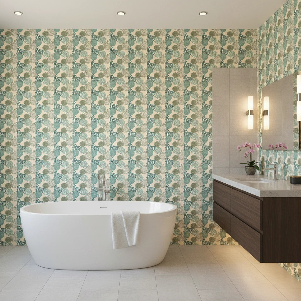 Urchin Tide coastal teal and sage shell wallpaper creating ambiance in a serene bathroom