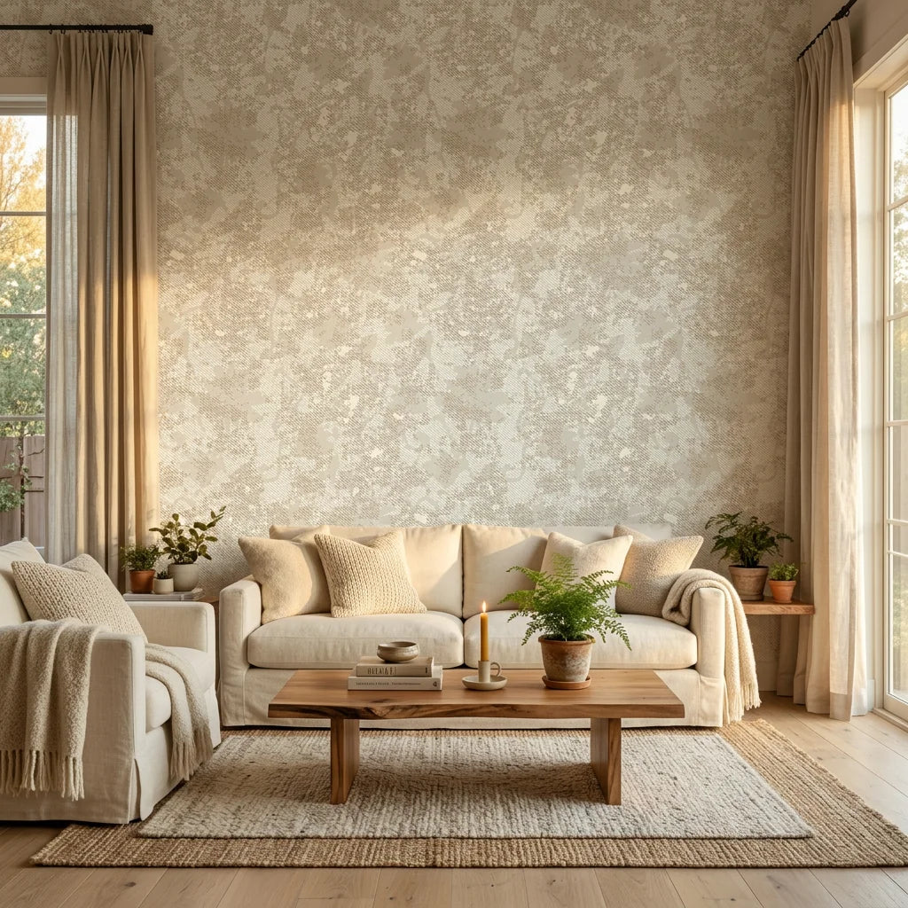 Textured cream tonal damask scroll neutral peel and stick wallpaper - Veiled Sand