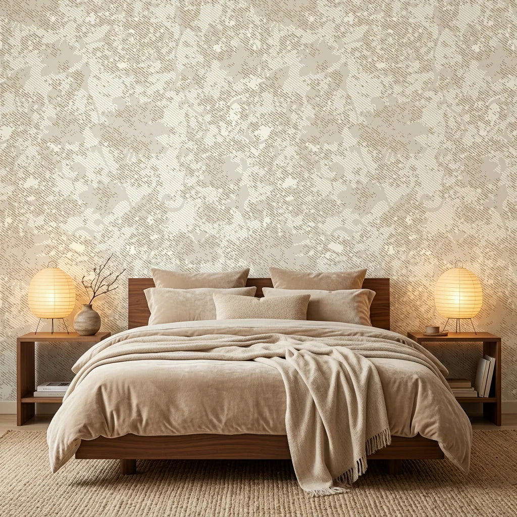 Textured cream tonal damask scroll neutral peel and stick wallpaper - Veiled Sand in a warm living room