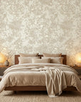 Textured cream tonal damask scroll neutral peel and stick wallpaper - Veiled Sand in a warm living room