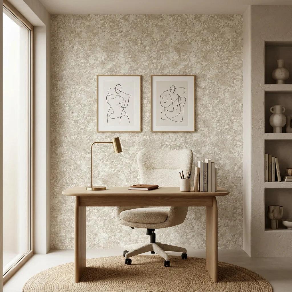 Textured cream tonal damask scroll neutral peel and stick wallpaper - Veiled Sand adding character to a bedroom