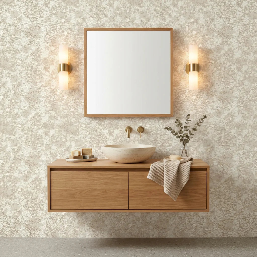 Textured cream tonal damask scroll neutral peel and stick wallpaper - Veiled Sand as a feature wall in an office