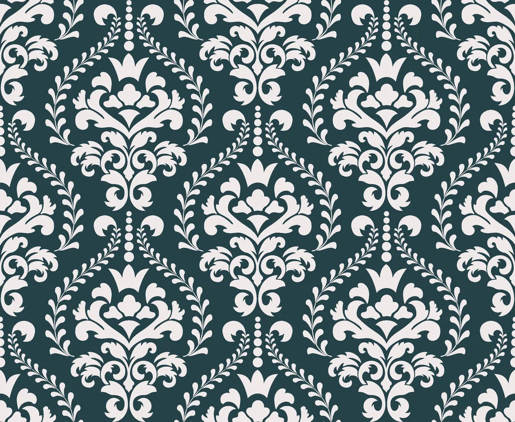 Dark teal and cream Veiled Botany damask wallpaper with ornate scrollwork and botanical motifs