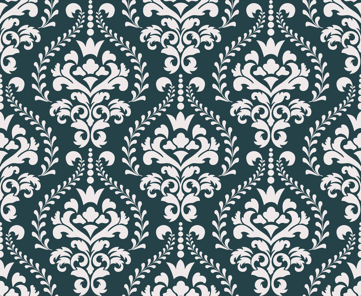 Dark teal and cream Veiled Botany damask wallpaper with ornate scrollwork and botanical motifs