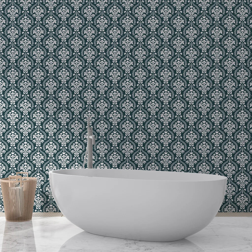 Veiled Botany damask wallpaper in teal and cream behind modern freestanding bathtub