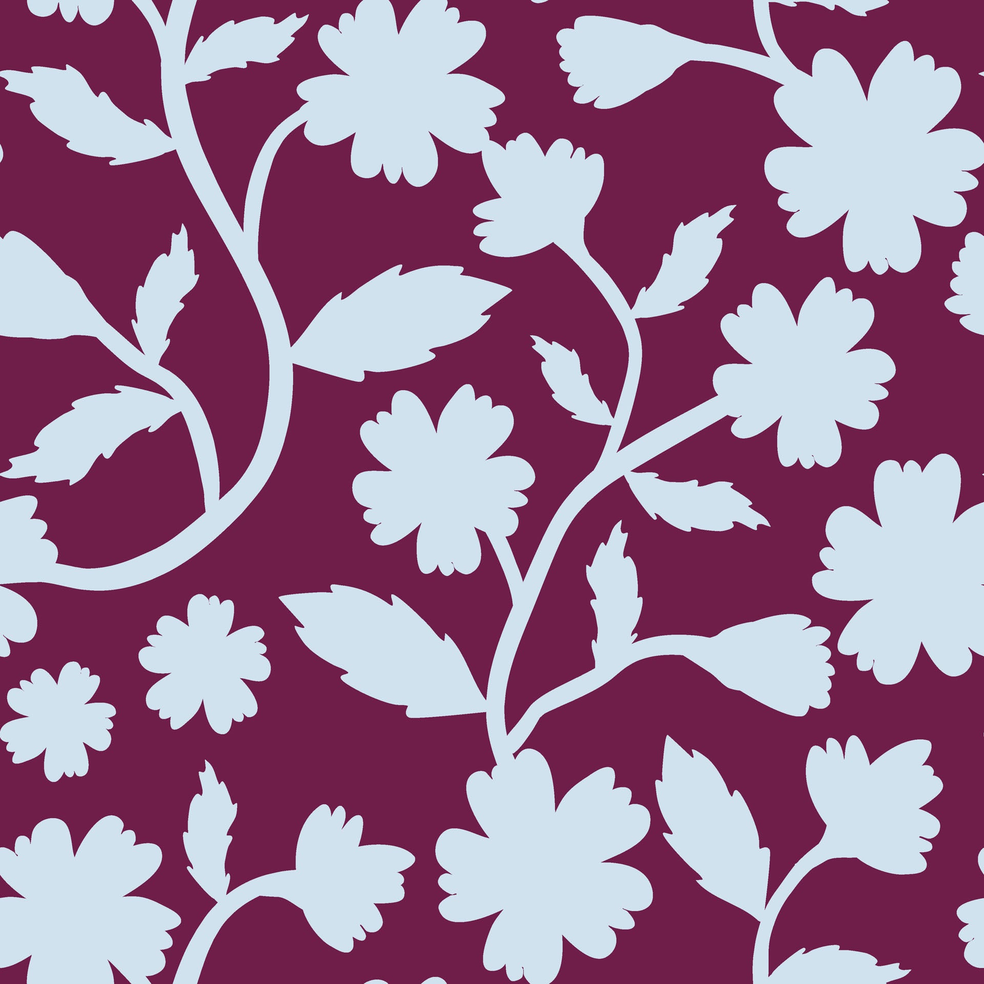 Light blue flower outlines overlaid on deep red, self-adhesive wall covering, named Velvet Bloom