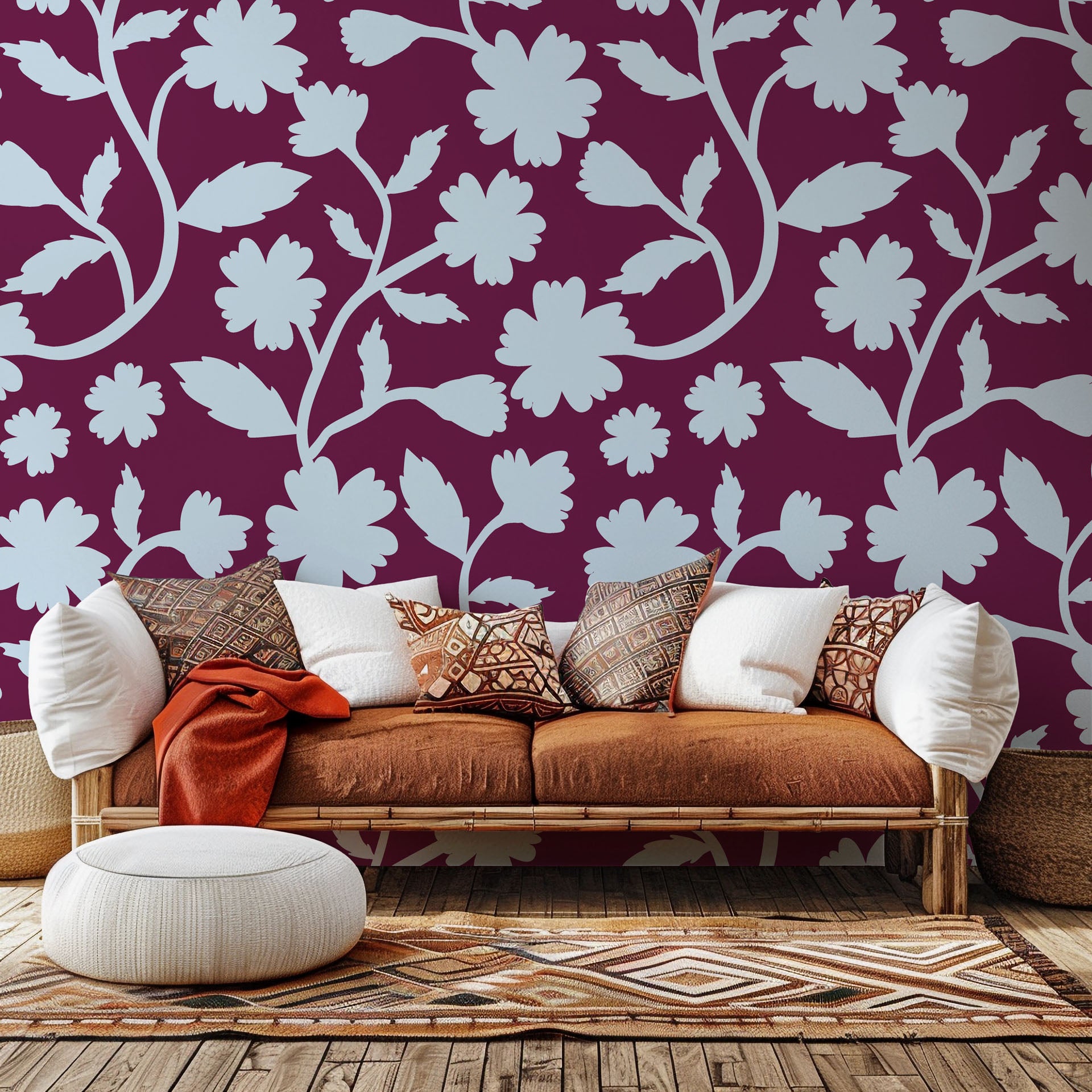 Self-adhesive wallpaper (Velvet Bloom) in deep red, patterned with pale blue flower outlines