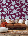 Self-adhesive wallpaper (Velvet Bloom) in deep red, patterned with pale blue flower outlines